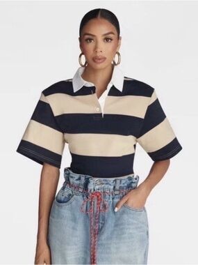 KBB by KAHLANA "The Fitted Rugby" Shirt, Navy/Tan, Sz XS NWT